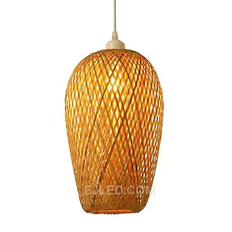 Smoothly woven from bamboo, this tall and slender oval pendant is proportioned for spaces with high ceilings or narrow vertical dimensions. Its contained form provides downward light.