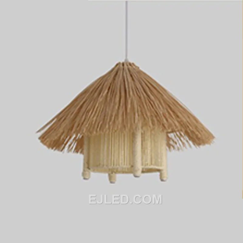 The RT0008 pendant features a multi-tiered, pagoda-inspired design, hand-woven from natural rattan. It creates a striking focal point, casting diffused light through its open structure. - view 2