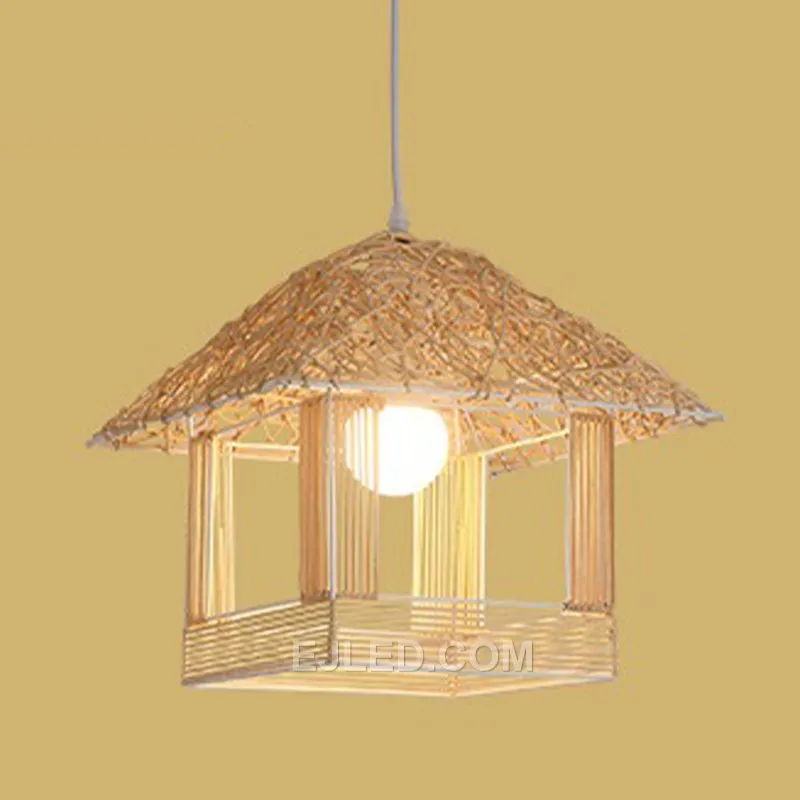 The RT0020 bamboo pendant features a distinctive multi-tiered, pagoda-like shade, hand-woven to create an open structure that diffuses light effectively. Its architectural form suits spaces seeking a unique natural design element.