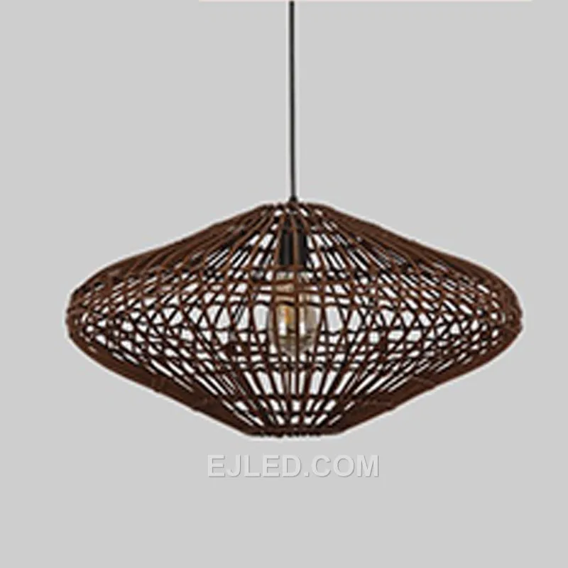 The RT0009 pendant presents a wide, flattened oval shape, hand-woven from natural rattan with varying weave densities. This fixture offers broad, soft illumination, suitable for spacious interiors.