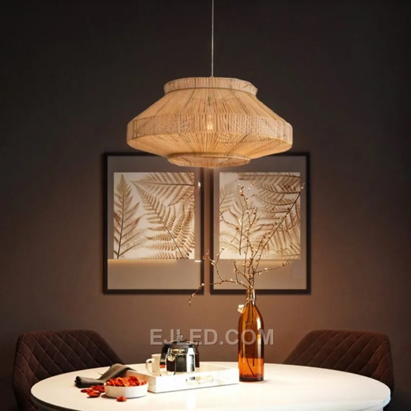 OEM Rattan Wicker Pendant Round Bamboo Handmade Weaving HangLamp Creative Hotel Modern Chinese Led Wood Lamp RT0012