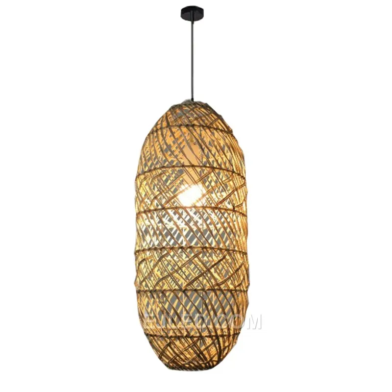 Hand-woven from natural bamboo, the RT0005 oval pendant directs light downward while allowing some ambient glow through its open weave. Its elongated form is suitable for task lighting or accentuating specific areas.
