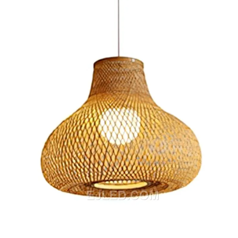 This RT0040 bamboo bell pendant, with its elongated form, is designed for spaces with higher ceilings or to create visual length over specific areas. Its open bottom directs light downwards, while the woven top casts a warm ambient glow, ideal for restaurants or lobbies. - view 2