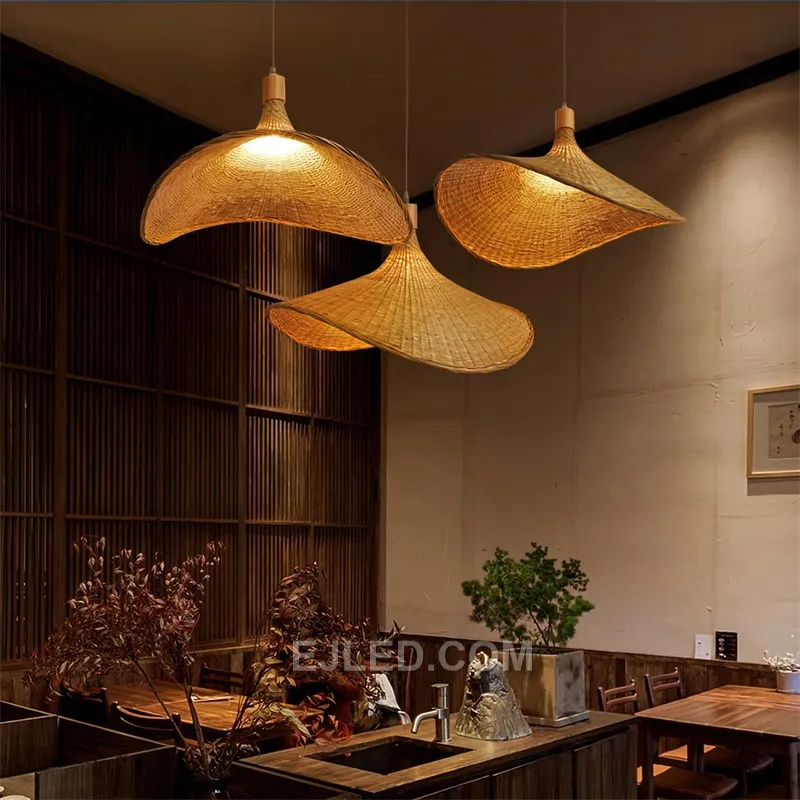 This wide, bamboo "straw hat" pendant is well-suited for illuminating kitchen islands or dining tables in hospitality settings. Its open weave distributes light broadly, creating an inviting glow. - view 4
