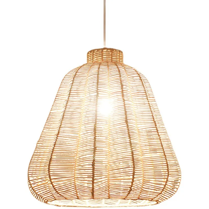 Crafted from natural rattan, this bell-shaped pendant features a close weave that provides a warm, diffused downlight suitable for inviting atmospheres.