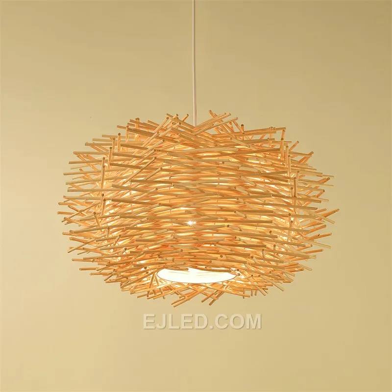 Suitable for high ceilings, the RT0030 is a large, spherical pendant light woven from natural wood strips in an open bird's nest design. It provides widespread, diffused ambient light, casting organic patterns perfect for grand lobbies or spacious dining areas. - view 7