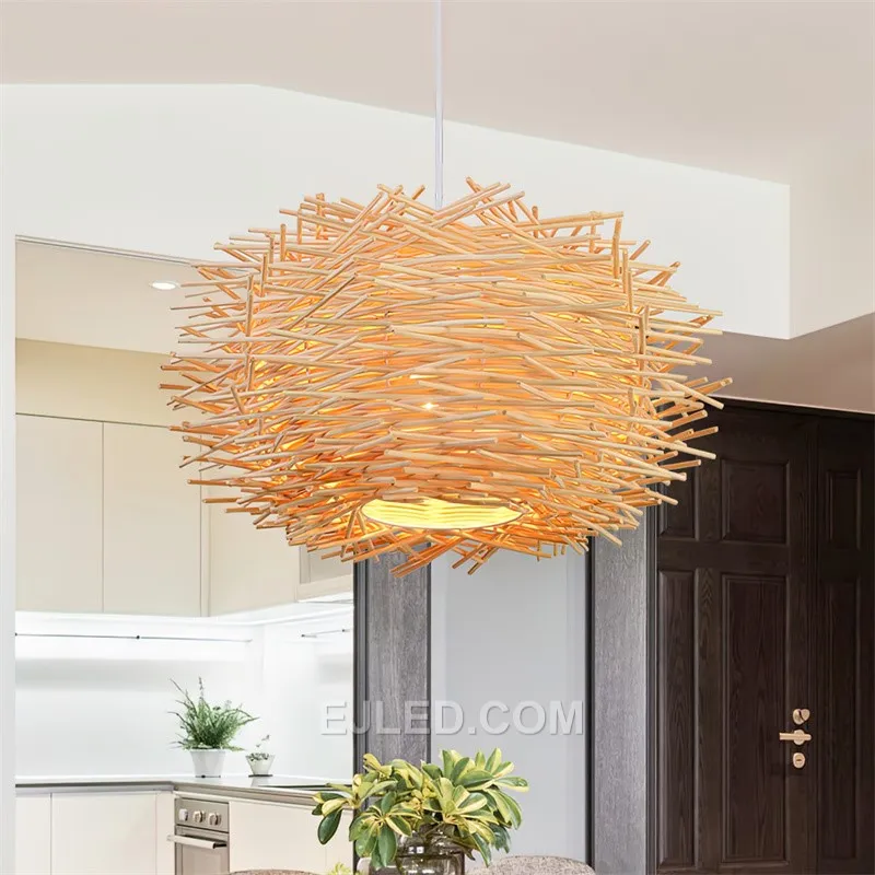 Suitable for high ceilings, the RT0030 is a large, spherical pendant light woven from natural wood strips in an open bird's nest design. It provides widespread, diffused ambient light, casting organic patterns perfect for grand lobbies or spacious dining areas. - view 2