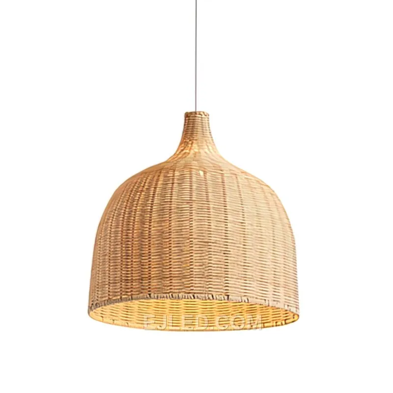 This bell-shaped rattan pendant directs light downwards through its open bottom rim. Its woven construction allows some ambient glow through the upper, looser weave, while the denser central section mitigates direct glare.