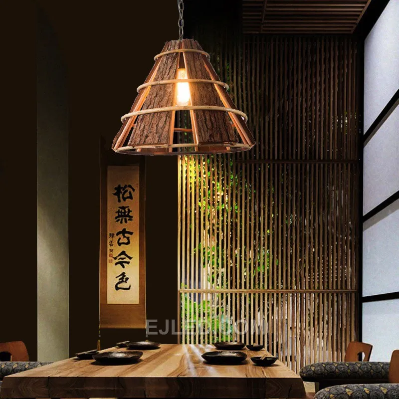 This conical pendant, RT0002, is crafted from tightly woven natural wood, creating a warm, ambient light. Its durable construction is highlighted by a reinforced lower rim. - view 3