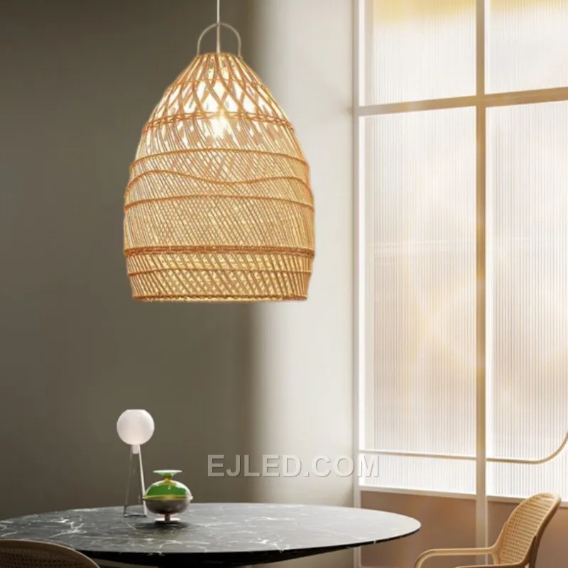 The RT0013 bell pendant, hand-woven from natural bamboo, offers a warm, diffused light. Its open bottom directs illumination for specific tasks or ambient lighting in hospitality settings. - view 2