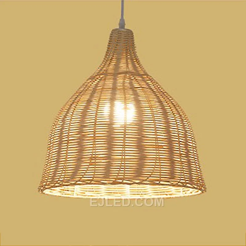 The RT0024 is a bell-shaped rattan pendant, hand-woven with a distinctive wide-open basket weave at both top and bottom, providing generous, diffuse light. Its rustic charm suits various interior aesthetics.