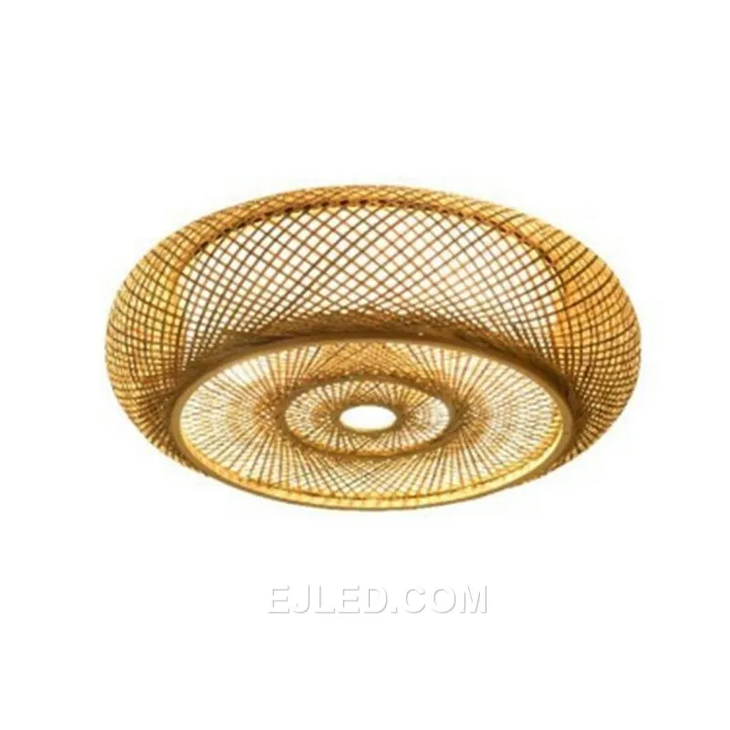 For dining areas or lounge spaces, the RT0015 round pendant delivers widespread ambient light through its woven bamboo dome. Its enclosed bottom creates a soft, consistent glow.