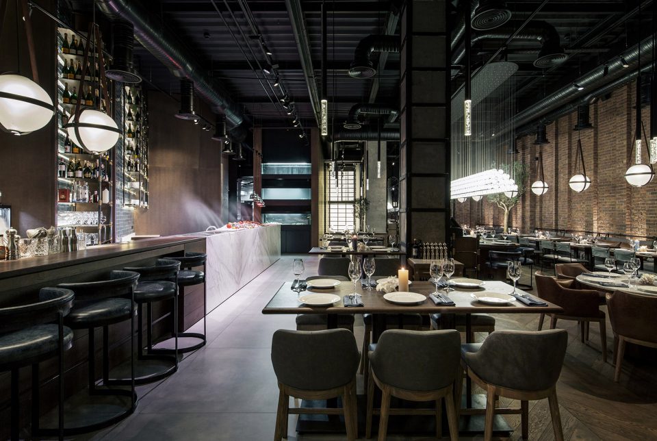 Catch fish restaurant, chandelier in the city of Kiev, Ukraine