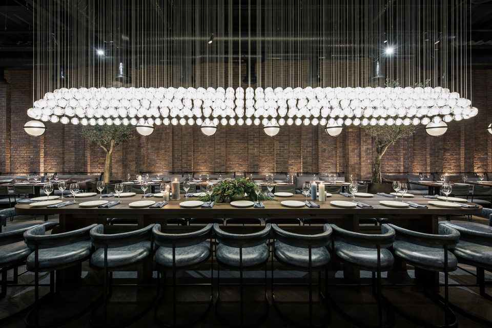 Catch fish restaurant, chandelier in the city of Kiev, Ukraine