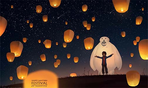 Flying sky lanterns for China Mid-Autumn Festival