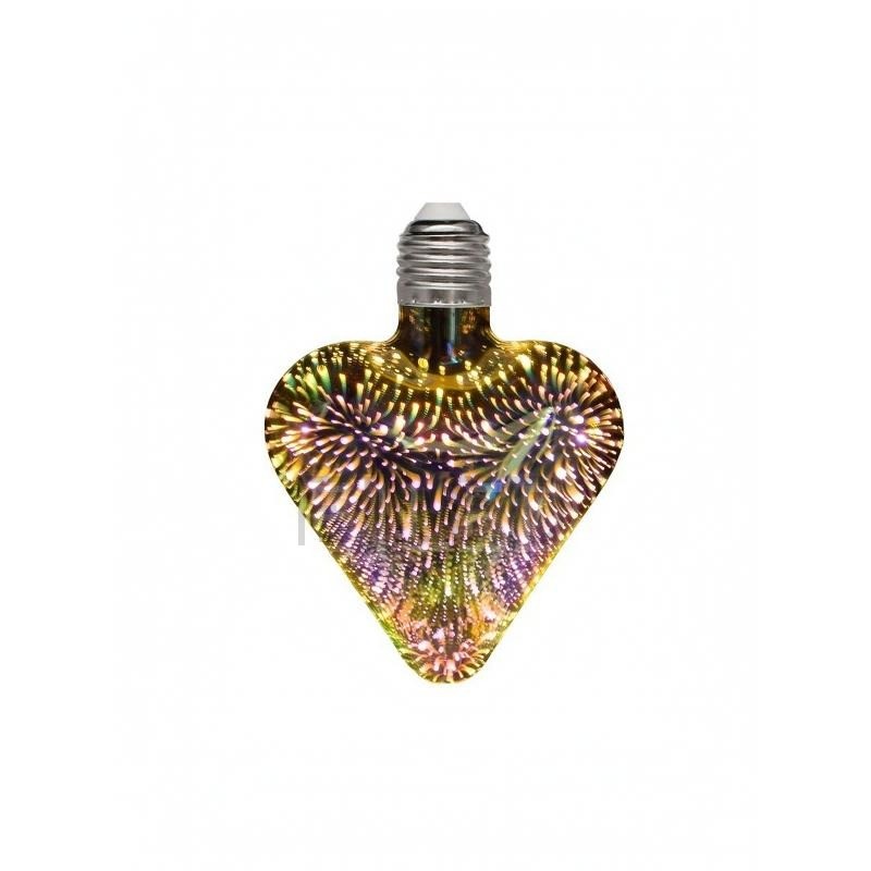 This clear glass heart shaped 3D galaxy LED bulb features an iridescent firework pattern inside the shade and a standard screw base.