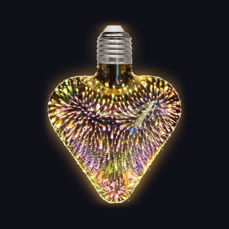 This clear glass heart shaped 3D galaxy LED bulb features an iridescent firework pattern inside the shade and a standard screw base. - view 2