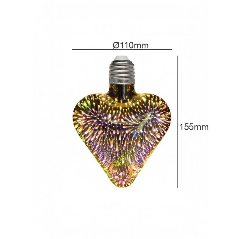This clear glass heart shaped 3D galaxy LED bulb features an iridescent firework pattern inside the shade and a standard screw base. - view 4