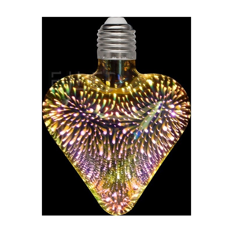 This clear glass heart shaped 3D galaxy LED bulb features an iridescent firework pattern inside the shade and a standard screw base. - view 6