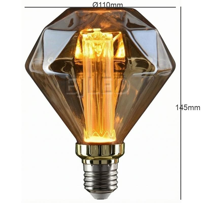 This amber glass light guide LED bulb features a geometric diamond shape with an upright cylindrical filament and a standard screw base. - view 4