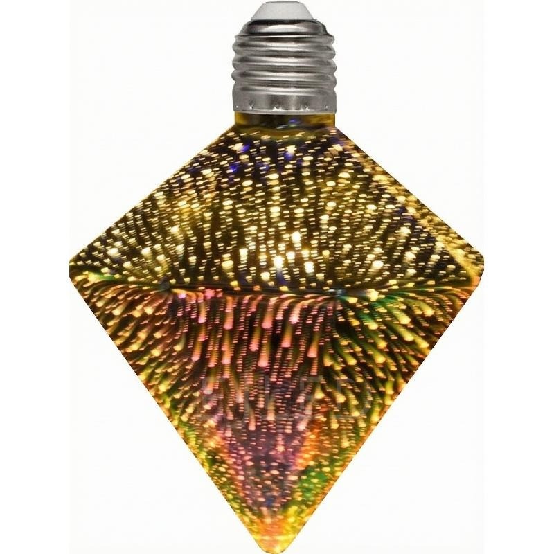 This clear glass 3D galaxy LED bulb features a diamond-shaped shade with a multicolored firework light pattern and a standard screw base.