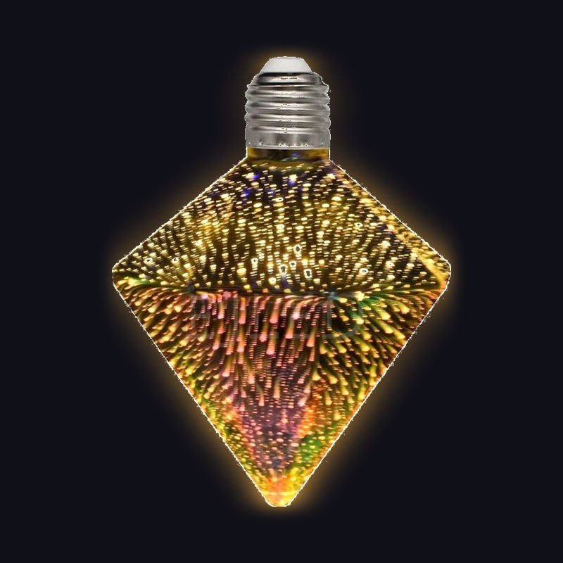 This clear glass 3D galaxy LED bulb features a diamond-shaped shade with a multicolored firework light pattern and a standard screw base. - view 2
