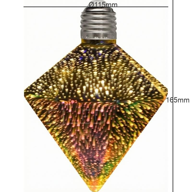 This clear glass 3D galaxy LED bulb features a diamond-shaped shade with a multicolored firework light pattern and a standard screw base. - view 4