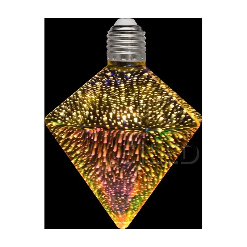 This clear glass 3D galaxy LED bulb features a diamond-shaped shade with a multicolored firework light pattern and a standard screw base. - view 6