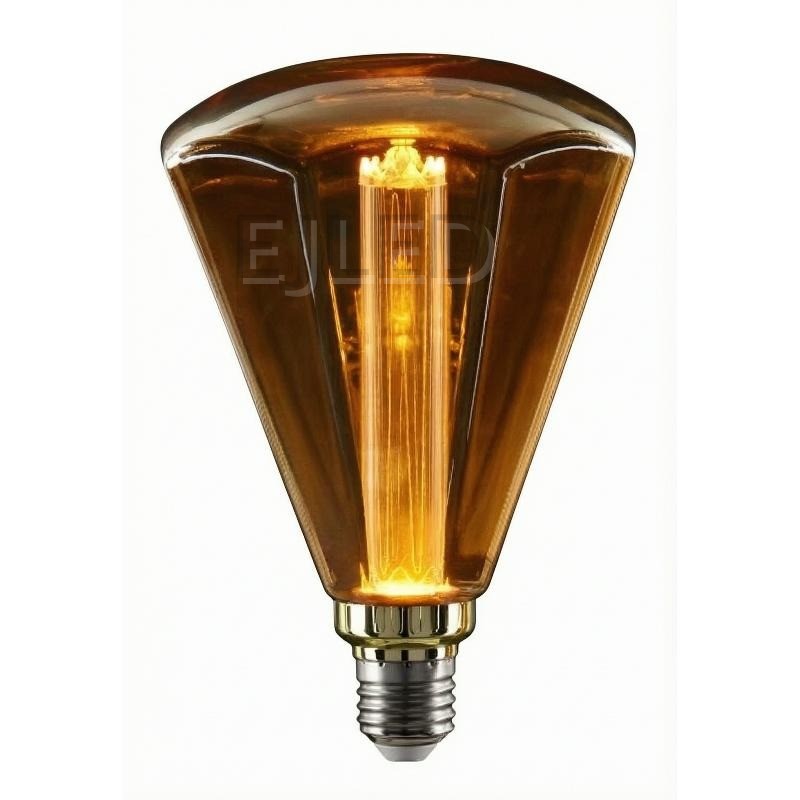 This amber glass light guide LED bulb features a wide faceted shape and a visible internal vertical filament, designed for decorative wholesale projects.