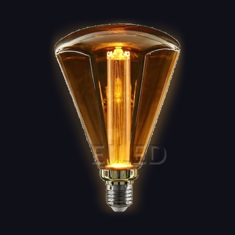 This amber glass light guide LED bulb features a wide faceted shape and a visible internal vertical filament, designed for decorative wholesale projects. - view 2