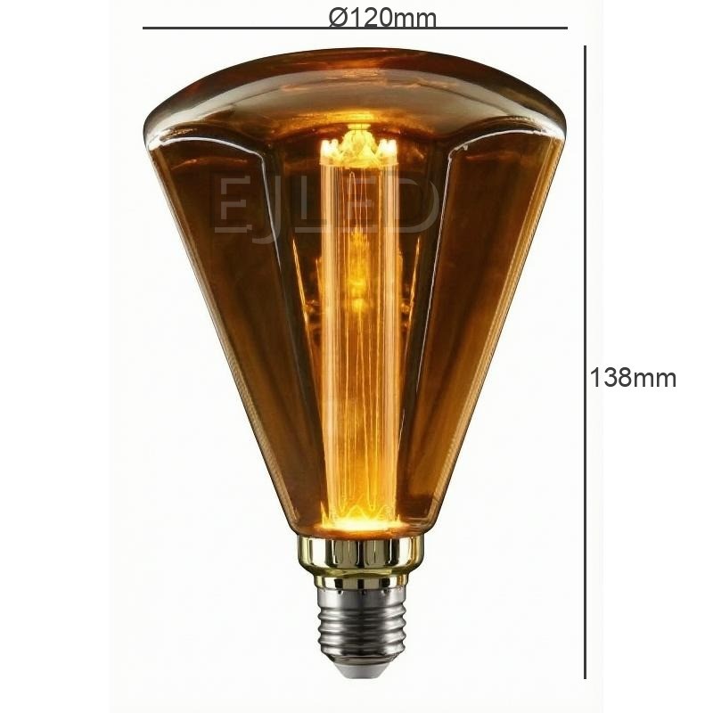 This amber glass light guide LED bulb features a wide faceted shape and a visible internal vertical filament, designed for decorative wholesale projects. - view 4