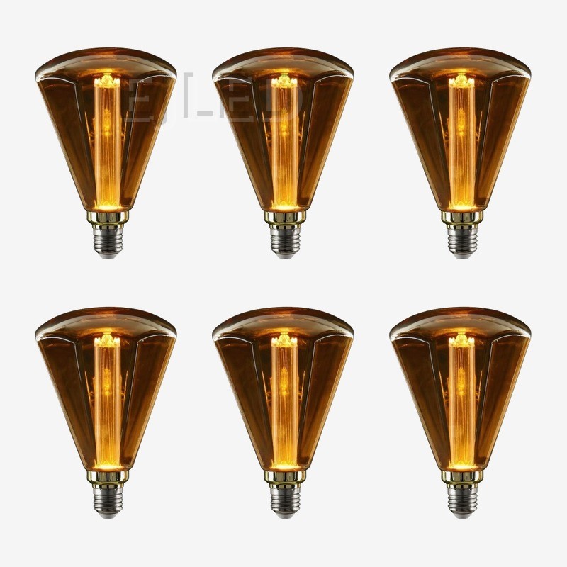 This amber glass light guide LED bulb features a wide faceted shape and a visible internal vertical filament, designed for decorative wholesale projects. - view 5