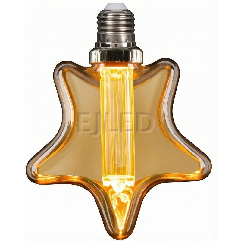 This star shaped amber glass light guide LED bulb combines vintage aesthetics with modern illumination, featuring a vertical central filament inside a decorative tinted shade.