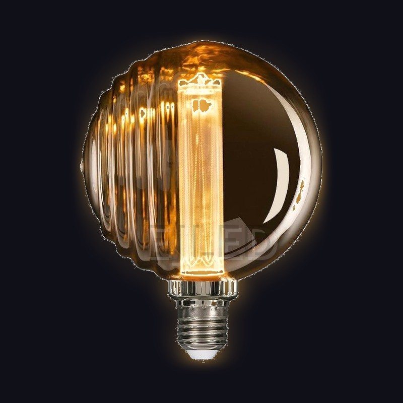 Amber glass LED bulb featuring a distinct ribbed globe shade and a vertical central light guide. This decorative lamp operates at 3 watts for accent lighting. - view 2