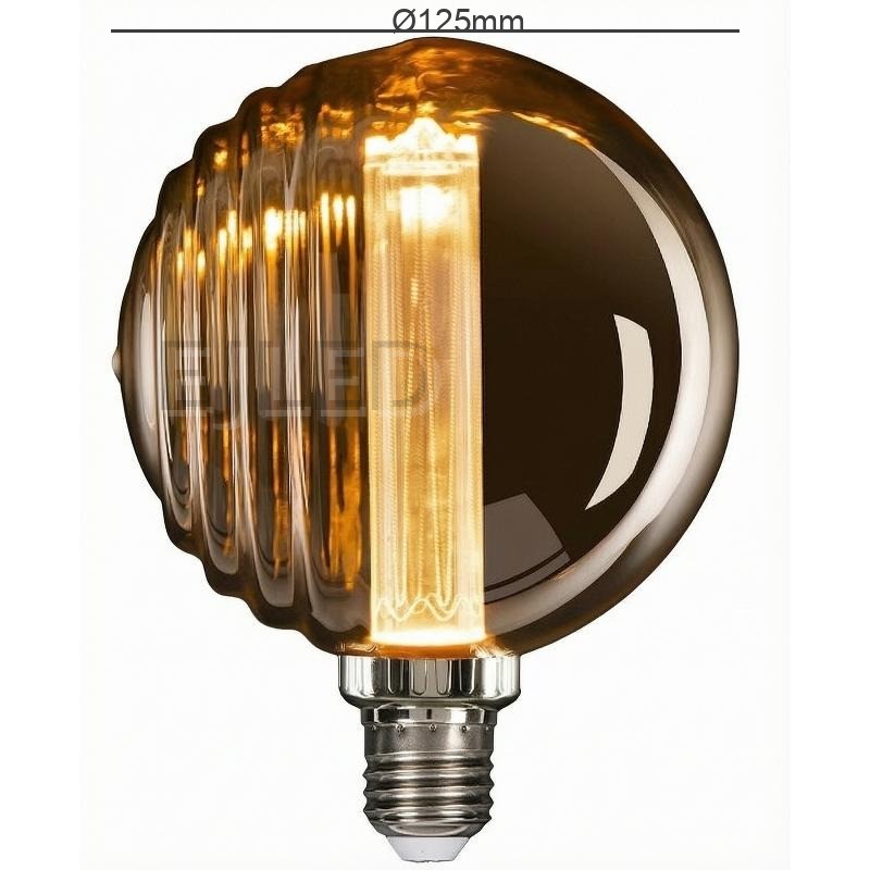 Amber glass LED bulb featuring a distinct ribbed globe shade and a vertical central light guide. This decorative lamp operates at 3 watts for accent lighting. - view 4