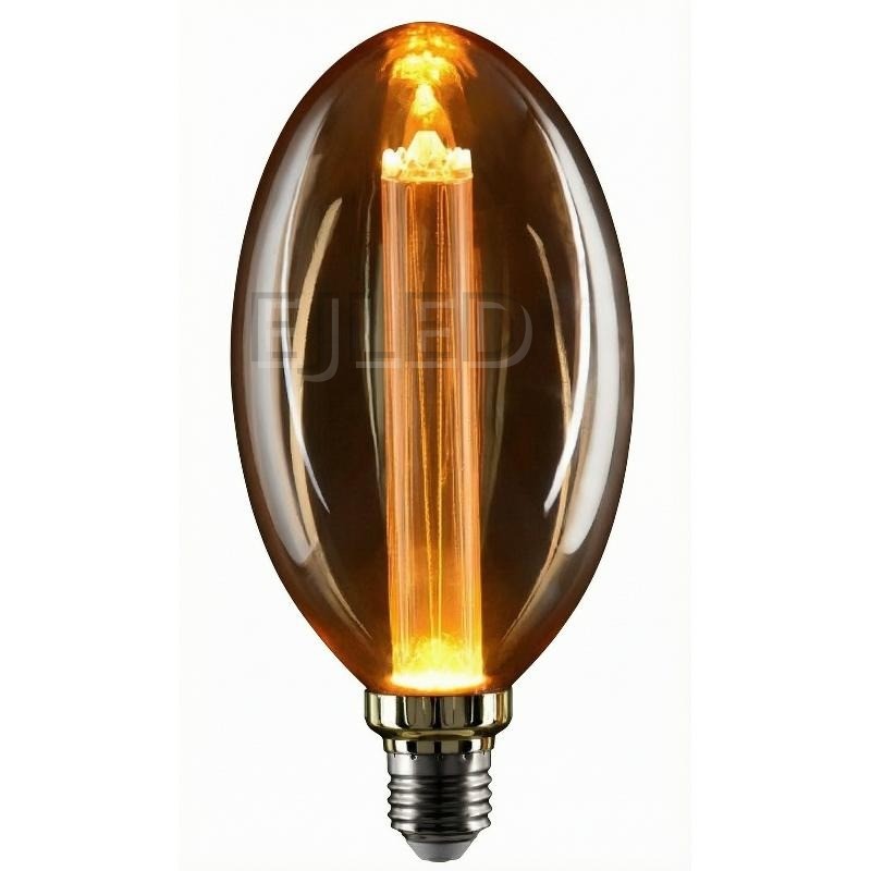 This amber glass light guide LED bulb features a distinctive oval shape and a warm vertical filament structure. It provides decorative lighting for interior commercial and residential projects.
