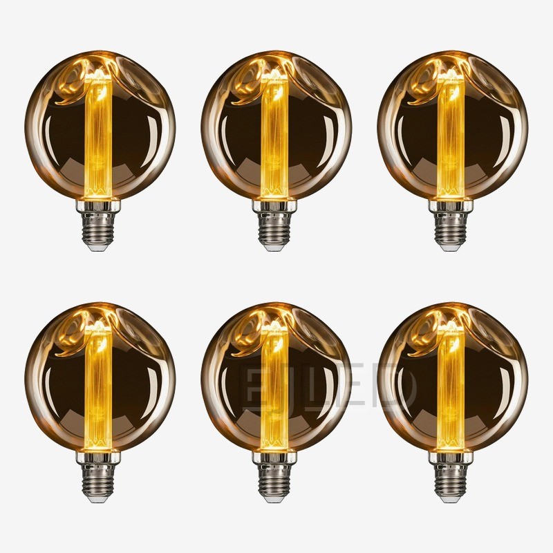 This amber glass globe light guide LED bulb combines a vintage look with modern energy efficiency. It features a spherical shade and a central vertical filament source. - view 5