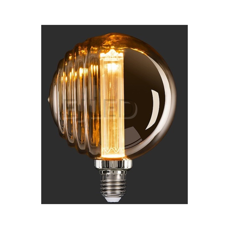 This amber glass light guide LED bulb features a ribbed shade design and an internal vertical light source, creating a warm vintage decorative effect. - view 6