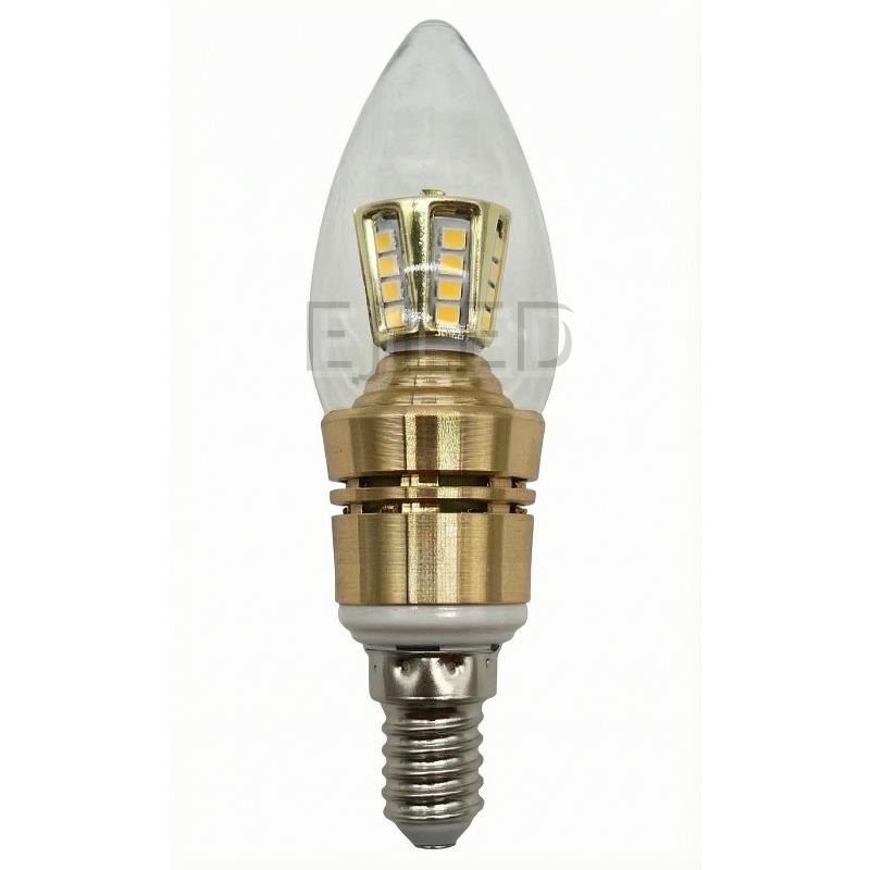 This candle SMD LED bulb features a clear glass teardrop cover, a cluster of surface-mounted chips, and a gold-toned metal housing with a standard screw base.