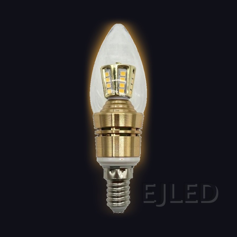 This candle SMD LED bulb features a clear glass teardrop cover, a cluster of surface-mounted chips, and a gold-toned metal housing with a standard screw base. - view 2