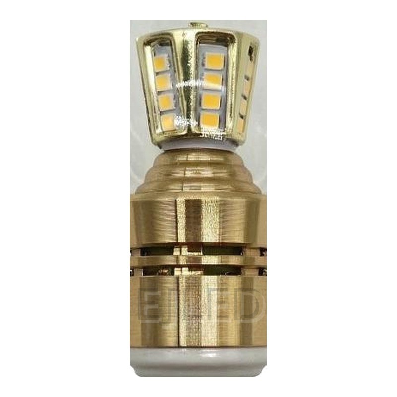 This candle SMD LED bulb features a clear glass teardrop cover, a cluster of surface-mounted chips, and a gold-toned metal housing with a standard screw base. - view 3