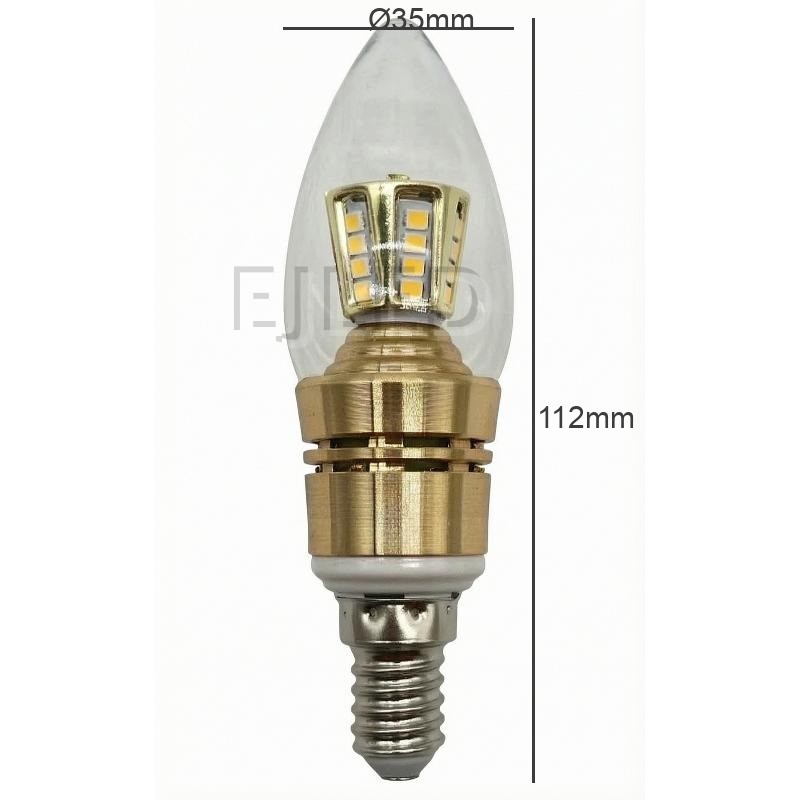 This candle SMD LED bulb features a clear glass teardrop cover, a cluster of surface-mounted chips, and a gold-toned metal housing with a standard screw base. - view 4
