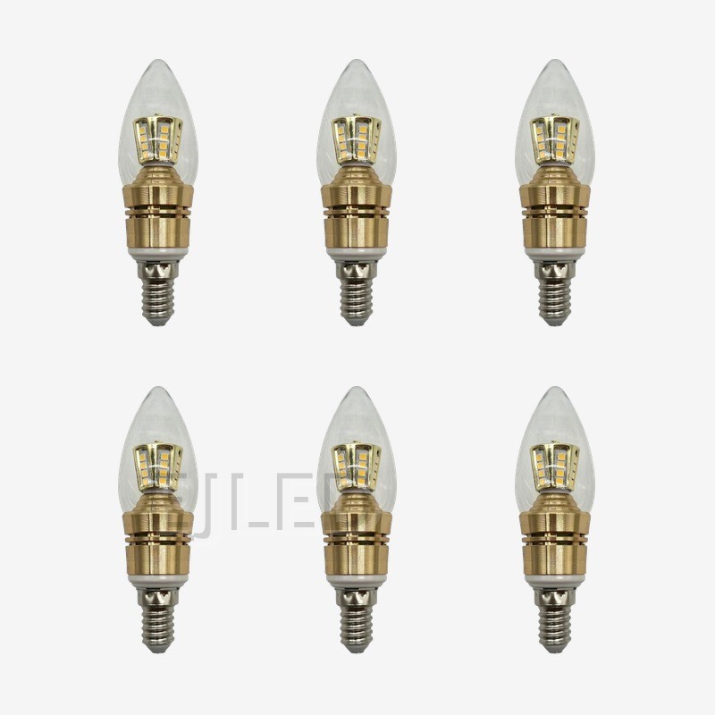 This candle SMD LED bulb features a clear glass teardrop cover, a cluster of surface-mounted chips, and a gold-toned metal housing with a standard screw base. - view 5