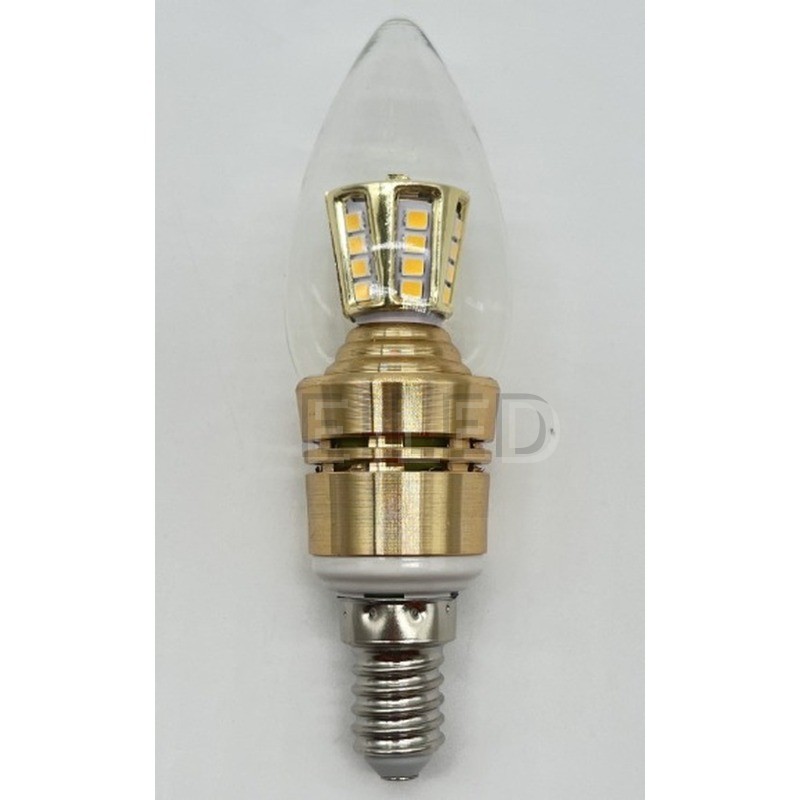 This candle SMD LED bulb features a clear glass teardrop cover, a cluster of surface-mounted chips, and a gold-toned metal housing with a standard screw base. - view 6