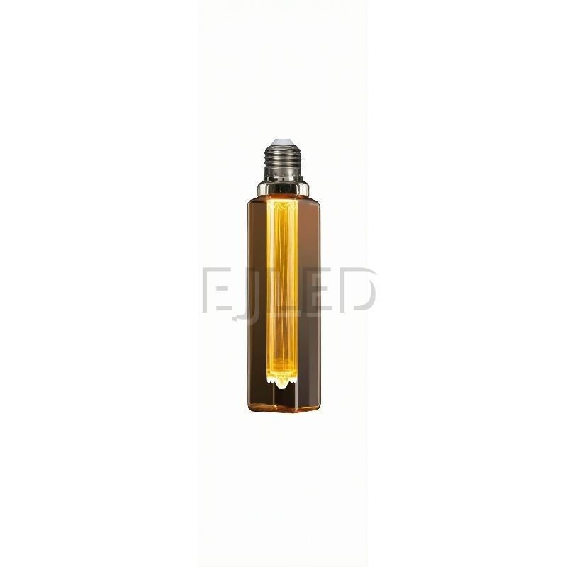 This amber glass rectangular tubular LED bulb features a vertical internal light guide filament. It connects with a standard screw base for decorative lighting fixtures.