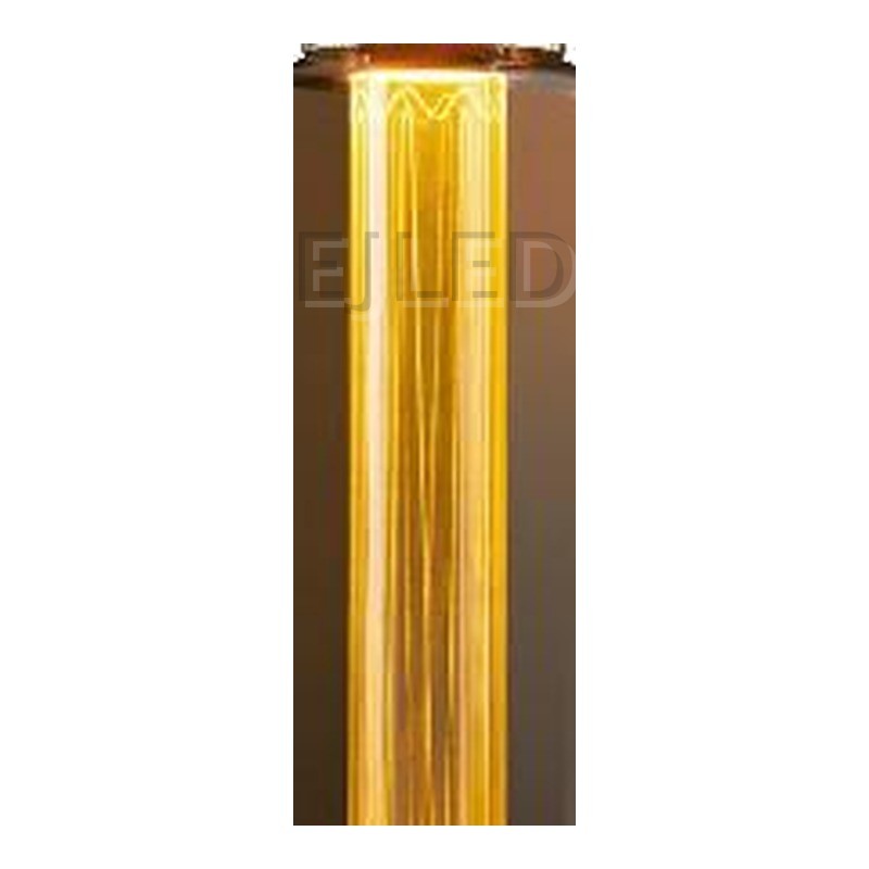 This amber glass rectangular tubular LED bulb features a vertical internal light guide filament. It connects with a standard screw base for decorative lighting fixtures. - view 3