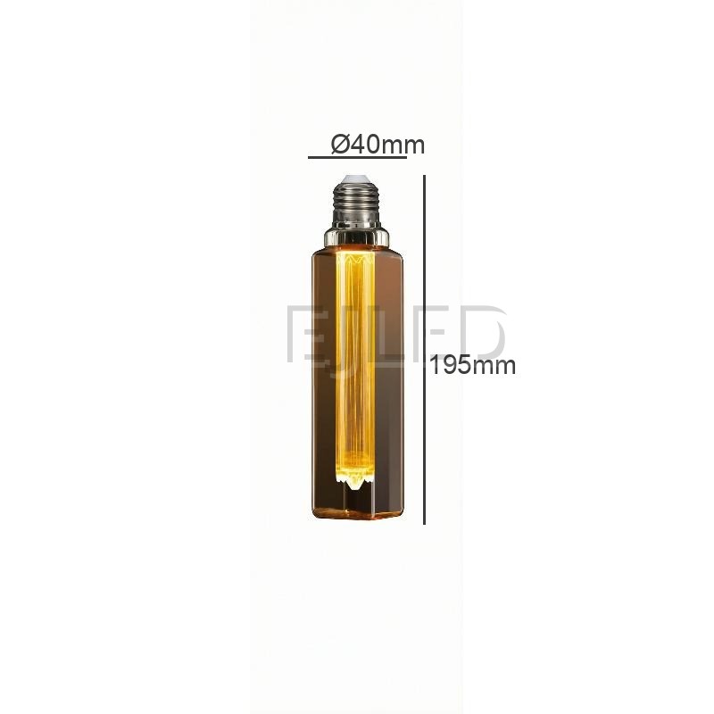 This amber glass rectangular tubular LED bulb features a vertical internal light guide filament. It connects with a standard screw base for decorative lighting fixtures. - view 4