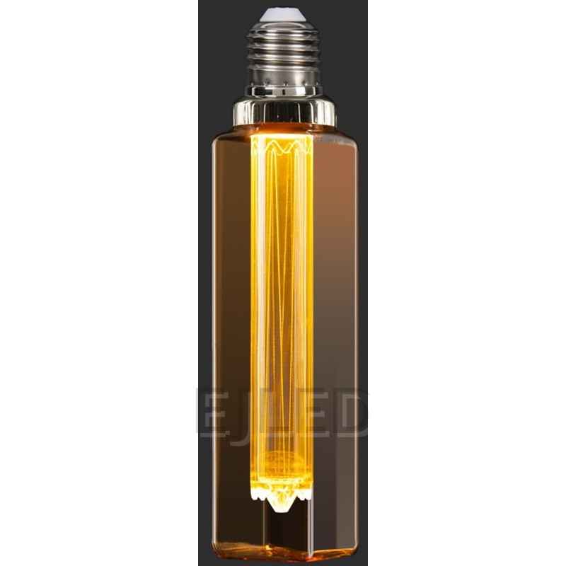 This amber glass rectangular tubular LED bulb features a vertical internal light guide filament. It connects with a standard screw base for decorative lighting fixtures. - view 6