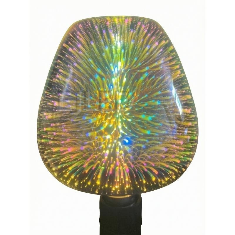 This clear glass 3D galaxy LED bulb features an enclosed pear-like shade with a colorful starburst light effect. It operates on a single E27 lamp base.