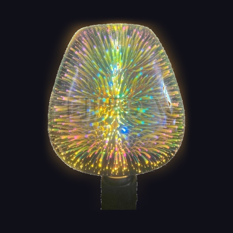 This clear glass 3D galaxy LED bulb features an enclosed pear-like shade with a colorful starburst light effect. It operates on a single E27 lamp base. - view 2